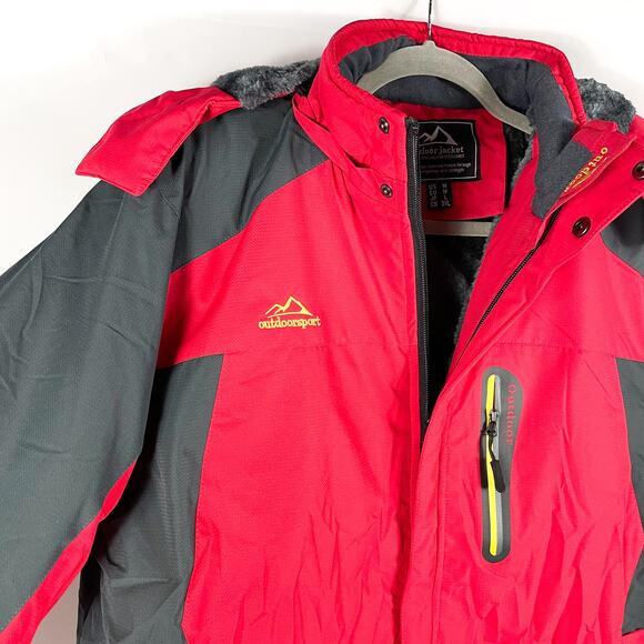 Magcomsen Ski Jacket Coat Hooded Hiking Colorblock Red Fleece Gray - Picture 5 of 13